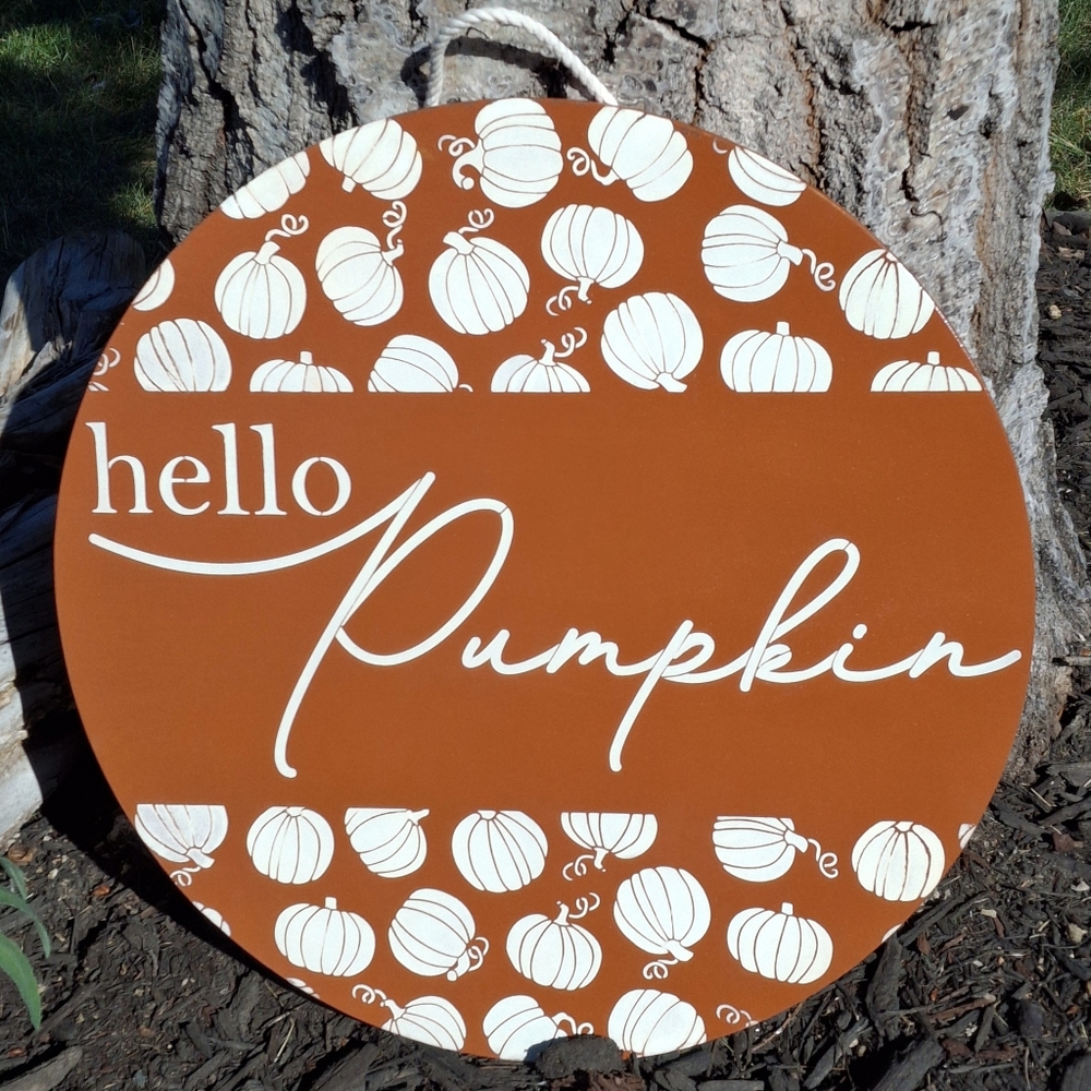 Hello Pumpkin Painted Door Hanger Fall Porch Sign Autumn Wall Hanging